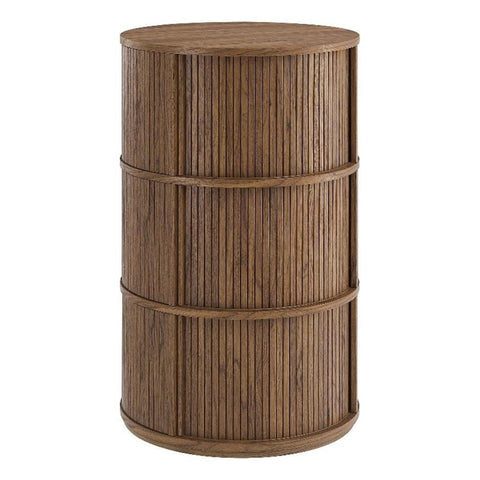 Clement Round Sliding Doors Storage Table in Walnut – Mid-Century Modern End Table with Tambour Doors and Concealed Storage