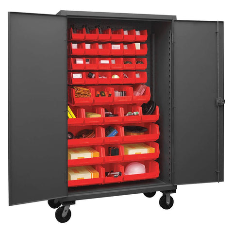 Durham HDCM48-42-1795 Lockable Mobile Cabinet with 42 Red Hook-On Bins, 48" Wide, 12 Gauge