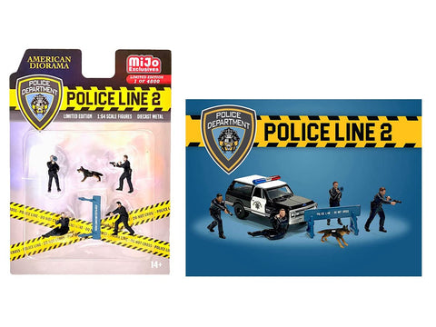 Police Line 2" 6 piece Diecast Set (4 Police Figures 1 Dog Figure and 1 Accessory) Limited Edition to 4800 Pieces Worldwide for 1/64 Scale Models by American Diorama