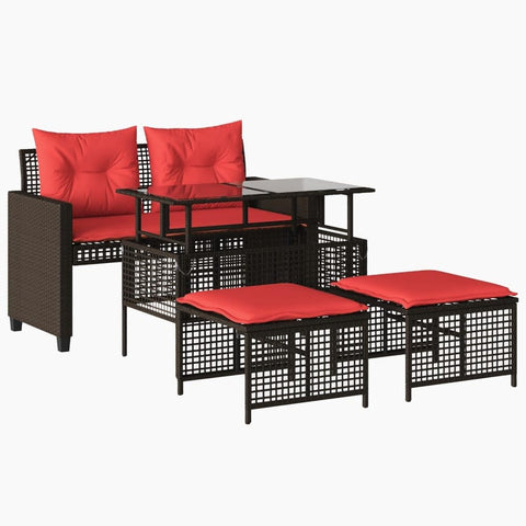 vidaXL Patio Sofa Set with Cushions - 4 Piece Brown PE Rattan w/Glass Top Table, Adjustable Height for Dining/Coffee, Red Cushions