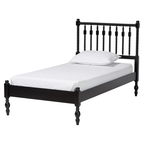 Baxton Studio Callison Spindle Platform Bed - Turned Farmhouse Bed Frame with Spoked Headboard and Sculpted Legs, Black, Twin