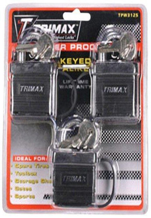 Trimax Weather Proof 3 Pack of Keyed Alike of Tpw1125 Padlocks TPW3125, Blister Packaging