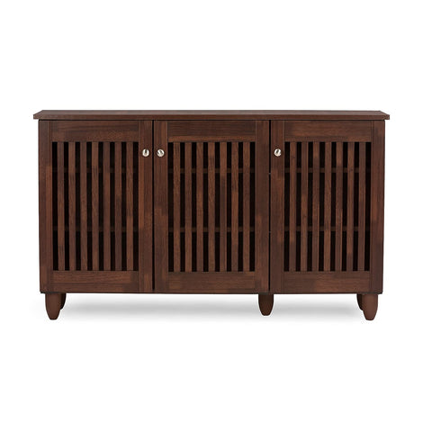 Wholesale Interiors Baxton Studio Fernanda Modern and Contemporary 3-Door Oak Brown Wooden Entryway Shoes Storage Wide Cabinet