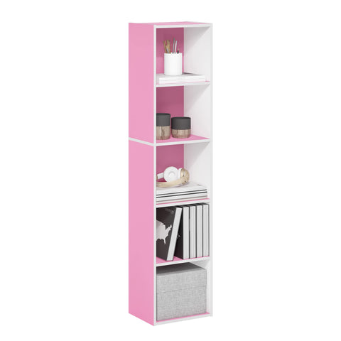 Furinno PASIR Book Shelf, 5-Tier Modern Bookshelf, Open Shelves Bookcase 9 x 12 x 52, Easy Assembly, for Living Room, Bedroom, Home Office, Pink/White