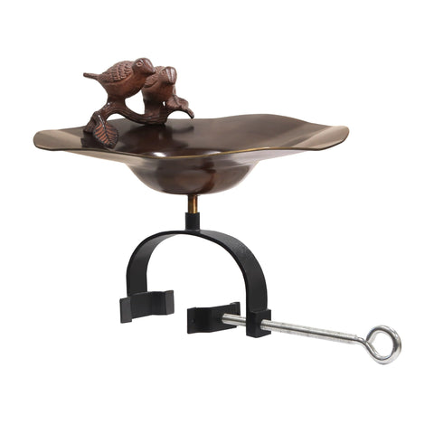 Achla Designs 13" Dia. Round Antique Patina Brass/Aluminum Birds Birdbath w/Black Wrought Iron Over Railing Bracket