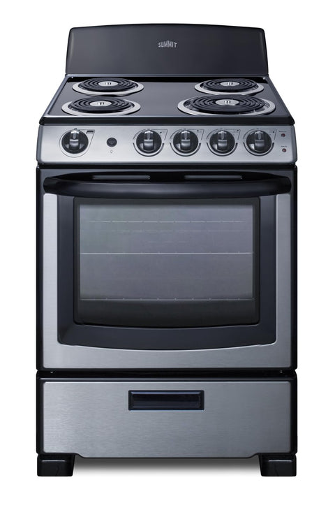 Summit 24” Electric Range, Electric Coil Burners, Large 2.9 cu.ft Oven, ADA Complaint, Stainless Steel with Black Trim- PROEL24SS
