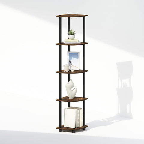 Furinno Turn-N-Tube Storage Shelves, 5-Tier Book Shelf, Corner Shelf with Open Shelves, Toollesss Assembly, for Organization and Storage, Living Room, Home Office, Hallway, Bedroom, Amber Oak