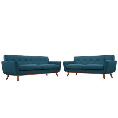 Modway Engage Mid-Century Modern Upholstered Loveseat and Sofa in Azure, Set of 2