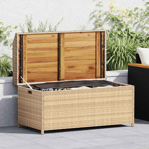 Oakestry Storage Bench Mix Beige 39 4 in x19 7 x20 5 Poly Rattan and Acacia Wood Outdoor Patio Garden Seating Furniture Weather Resistant Durable Heavy Duty Modern Backyard Porch Deck Lawn
