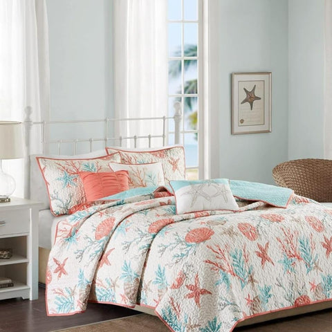 Oakestry 6-Pieces Quilt Set Starfish Print All Season Lightweight Bedding Layer Shams Toss Pillows King or Cal King 104" X 94" Inches Bedspread Coverlet Pebble Beach Coral