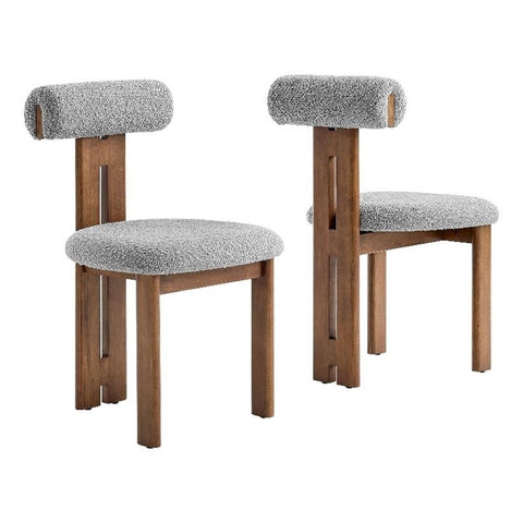 Modway Torian Upholstered Boucle Dining Chairs Set of 2 in Walnut Light Gray - 3-Legged Farmhouse Kitchen Chairs - Mid-Century Modern Armless Accent Chairs - Comfortable Side Chairs with Wood Legs