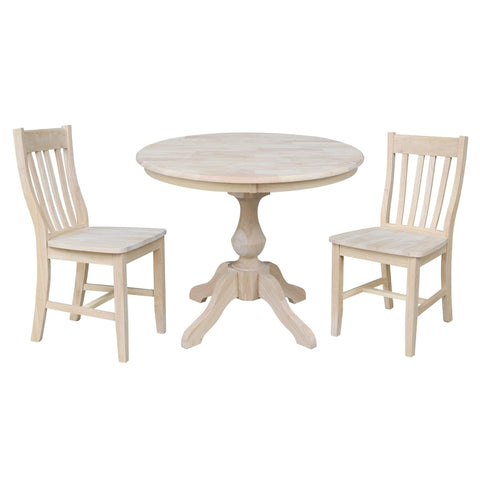 IC INTERNATIONAL CONCEPTS 36" Round Top Solid Wood Pedestal Table with 2 Cafe Chairs in Unfinished