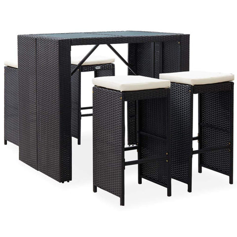 vidaXL Patio Bar Set 9 Piece, Outdoor Bar Table and Stools with Glass Tabletop, Patio Furniture Set with Cushions, Dining Set for Garden, Rattan Black