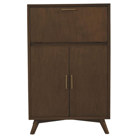 Oakestry Flynn Large Bar Cabinet Walnut Solid Wood Mid Century Home Bar Storage Drop Down Tray Wine Rack Stylish Durable Versatile Elegant Compact Liquor Cabinet Dining Room Living Room Furniture