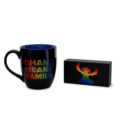 Silver Buffalo Disney Stitch Ohana Means Family Rainbow Pride Ceramic Mug and Box Sign Set, 18-Ounces