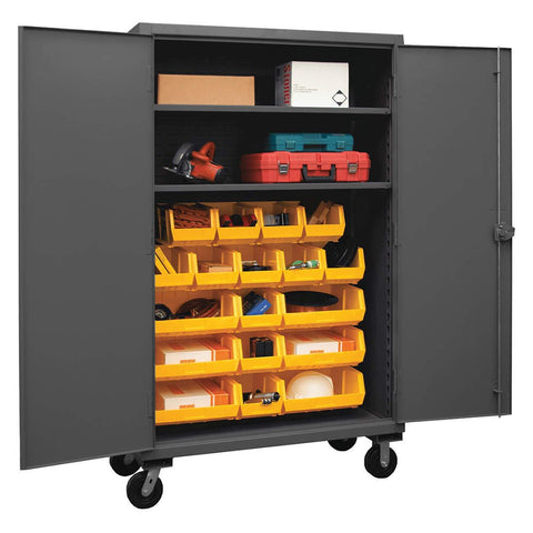 Durham HDCM48-18-2S95 Lockable Mobile Cabinet with 18 Yellow Hook-On Bins and 2 Adjustable Shelves, 48" Wide, 12 Gauge