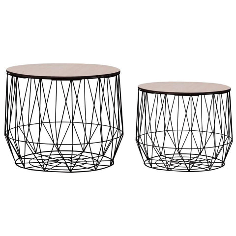 vidaXL 2 pcs Coffee Tables in Modern Scandinavian Style - Multifunctional Basket Design Black Metal & Plywood Tables for Living Room