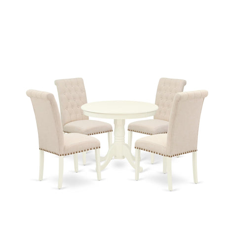 East West Furniture 5Pc Dining Set Includes a Small Round Dinette Table and Four Parson Chairs with Light Beige Fabric, Linen White Finish