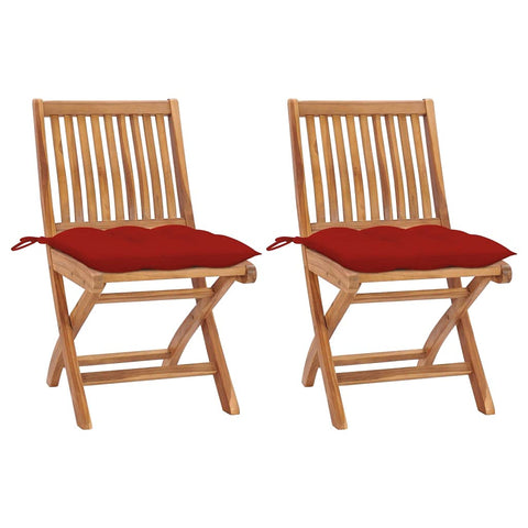vidaXL 2X Solid Teak Wood Patio Chairs with Red Cushions Garden Outdoor Balcony Backyard Terrace Lounge Seating Home Furniture Wooden