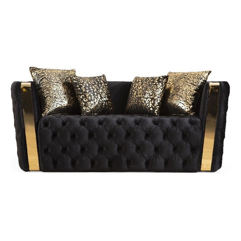 Matrix Furniture Group Naomi Button Tufted Loveseat with Velvet Fabric and Gold Accent in Black