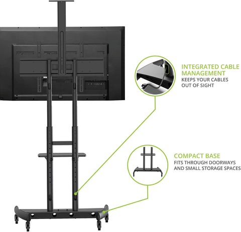 Kanto MTM86PL Height Adjustable Rolling TV Stand for most 55" - 86" TVs and Interactive Displays - Supports TVs up to 200lbs - Includes a top shelf and keyboard tray - Max VESA 800x500