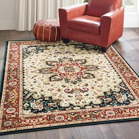 Oriental Weavers Kashan Area Rug - 096W1-5'3" x 7'6" - in Red/Ivory - Vintage Inspired, Stain Resistant, Family and Pet Friendly, Bedroom, Office Rug