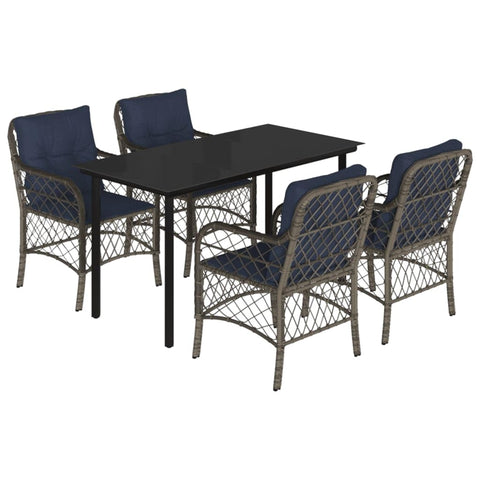 vidaXL 5-Piece Poly Rattan Patio Dining Set with Navy Blue Cushions, Glass Tabletop - UV- Outdoor Garden Furniture