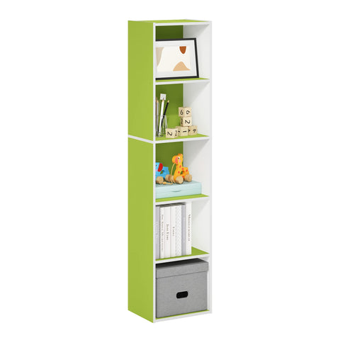 Furinno PASIR Book Shelf, 5-Tier Modern Bookshelf, Open Shelves Bookcase 9 x 12 x 52, Easy Assembly, for Living Room, Bedroom, Home Office, Green/White