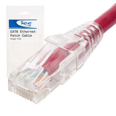 ICC CAT6 Ethernet Patch Cord with Clear Boot Strain Relief, RJ45, Stranded, 550 MHz, UTP, Pure Bare Copper Wire, 24 AWG, LAN Network Patch Cable, Red, 7 FT, Single