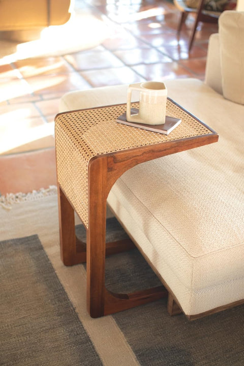 Woven Cane & Wood Side Table