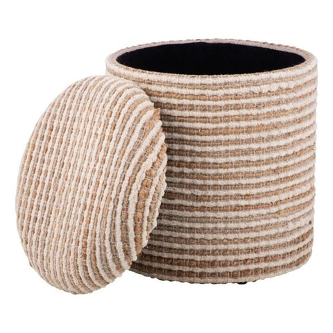 Carolina Chair & Table Handwoven Fabric Storage Ottoman with Round Wooden Base - Solid Wood Frame, Hidden Storage Pouf Stool - Compact Foot Stool for Bedrooms, Entryways, Living Rooms (Natural Stripe)