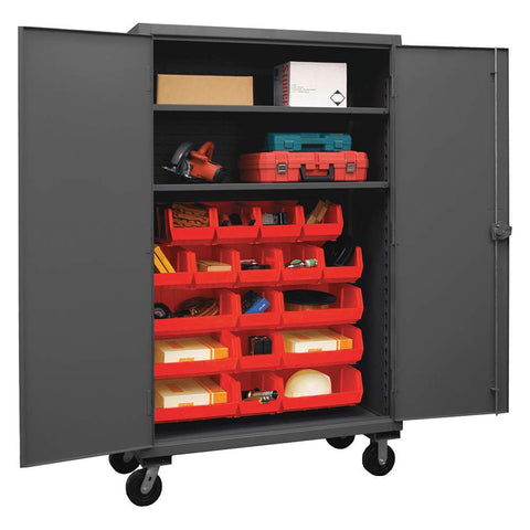 Durham HDCM48-18-2S1795 Lockable Mobile Cabinet with 18 Red Hook-On Bins and 2 Adjustable Shelves, 48" Wide, 12 Gauge