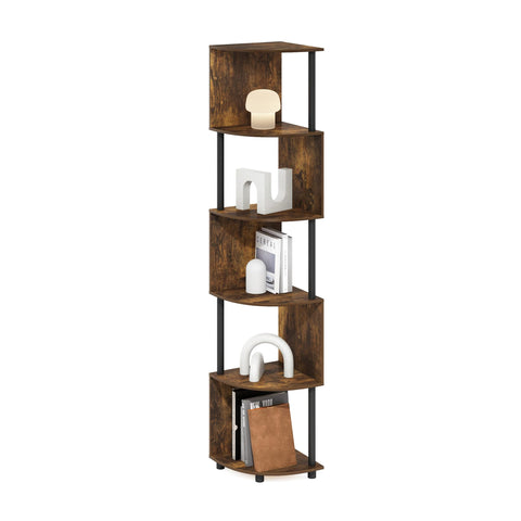 Furinno ECON Corner Shelf, 5-Tier Corner Book Shelf, Zigzag Storage Shelves, Display Rack, Bookshelf, for Organization and Storage, Living Room, Home Office, Amber Pine