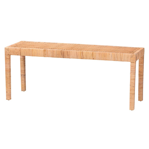 Baxton Studio Abelia Natural Rattan and Mahogany Wood Long Accent Bench