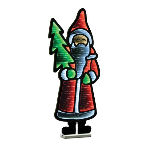 Infinity LED Light Sculpture Santa with Tree. Flat Acrylic 34" high with LED Mirrored Light Effect to Infinity with Base. UL Plug-in.
