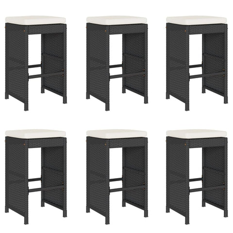 vidaXL Patio Bar Stools with Cushions 6 pcs - Black Poly Rattan, Steel Frame, 15.7"x15.7"x29.9", UV-, Outdoor/Garden/Deck Seating