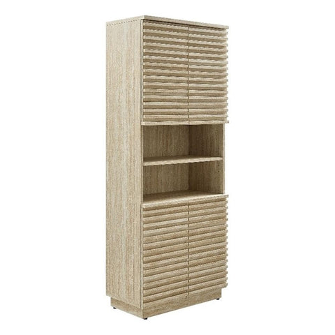 Modway Render Faux Travertine Tall Bathroom Storage Tower in Travertine - 63 Inch Storage Cabinet with Open Shelves and 4 Soft-Close Doors - Freestanding Kitchen Pantry