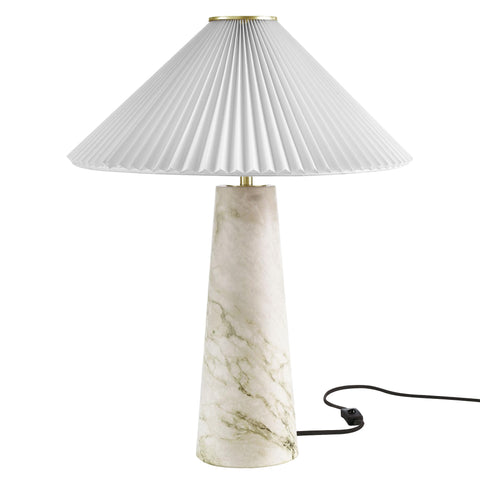 Modway Nera Table Lamp with Marble Pattern in White – Modern Accent Lamp with Pleated Fabric Shade and Matte Brushed Metal Plate – Ambient Lighting for Living Room, Bedroom, Entryway