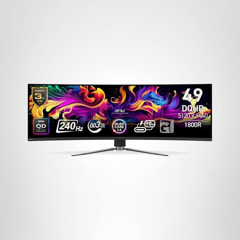 msi MPG 491CQPX QD-OLED 49-inch QD-OLED 5120 x 1440 (DQHD) Computer Monitor, 240Hz, G-SYNC Compatible, HDMI, Display Port, VGA Port, VESA Mountable, Tilt, Height Adjustable, Speaker, 0.03ms, Black