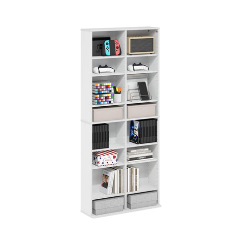 Furinno Jaya DVD Shelf, 16-Shelf Wide CD Rack, Media Shelf with Adjustable Shelves, 8 x 2 DVD Storage Cabinets for CD Blueray Game Disc, Easy Assembly, for Living Room, Home Office, White