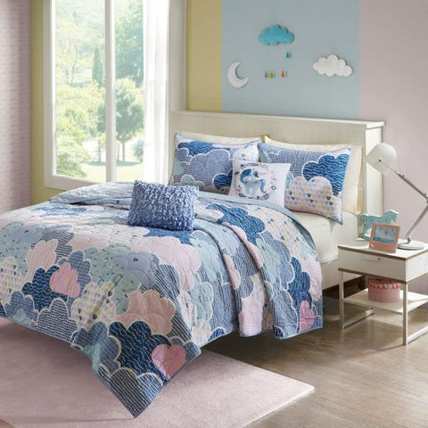 Fast Furnishings Full/Queen Kids Blue Pink Unicorn Clouds Quilt Coverlet Bedspread Set
