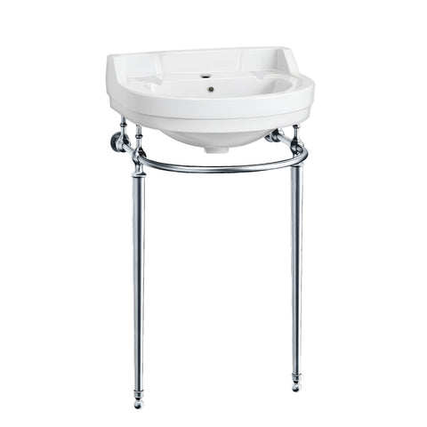 22 Inch Semi Circular Bowl Wall Mount Bathroom Vanity Sink with Brass Supporting Leg, 1 Hole Faucet Opening, Backsplash, Overflow and Included Front Towel Bar Rack, White with Polished Chrome Legs