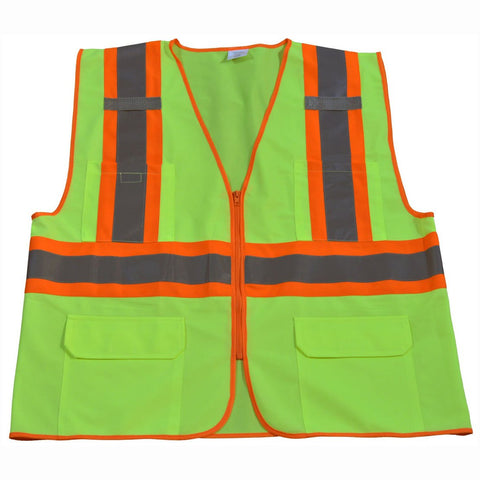 Petra Roc LV2-CB1-2X/3X Safety Vest ANSI Class 2, Two Tone Lime Solid with Orange Contrast Binding, 2" Reflective Tapes, Zipper Closure, 3 Pockets, 2X/3X