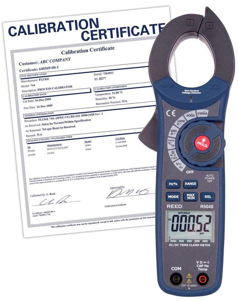 REED Instruments R5040 1000A True RMS AC/DC Clamp Meter with NIST Calibration Certificate
