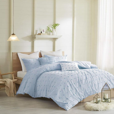 Oakestry 7 Pc Tufted Chenille Dots Cotton Bedding Set, Breathable and Durable Ultra-Soft Duvet, Queen Size (88 in X 92 in), Blue