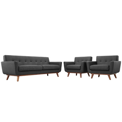 Modway Engage Mid-Century Modern Upholstered Sofa and Armchairs in Gray, Set of 3