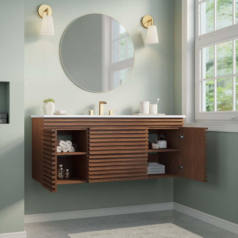 Modway Render 48" Wall-Mount Bathroom Vanity Cabinet with Ceramic Sink Basin in Walnut White