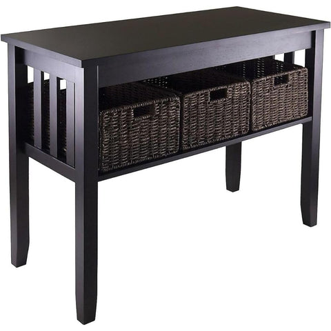 Oakestry Morris Console Table Solid Composite Wood Construction Rich Espresso Finish Stylish Freestanding Table with Three Foldable Corn Husk Baskets Ideal for Living Room Bedroom or Office Use