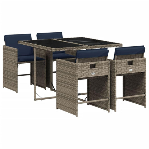 vidaXL 5 Piece Patio Dining Set with Cushions â€“ Gray Poly Rattan, Tempered Glass Table Top