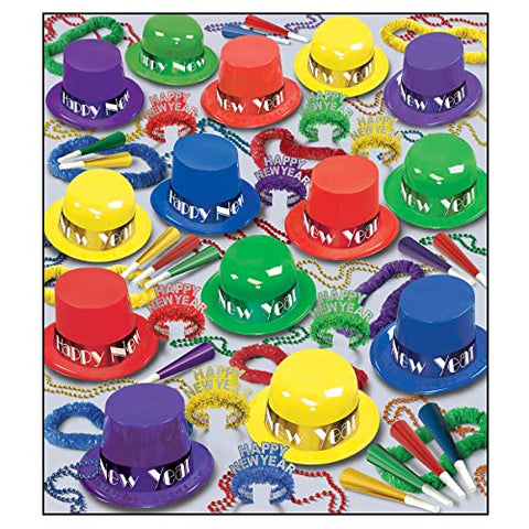 Beistle New Year’s Eve Party Pack for 100 People, Red, Blue, Green, & Yellow NYE Hats, Tiaras, Necklaces, & Horns, New Years Decor & Accessories